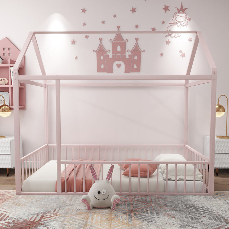 Metal Bed House Bed Frame With Fence