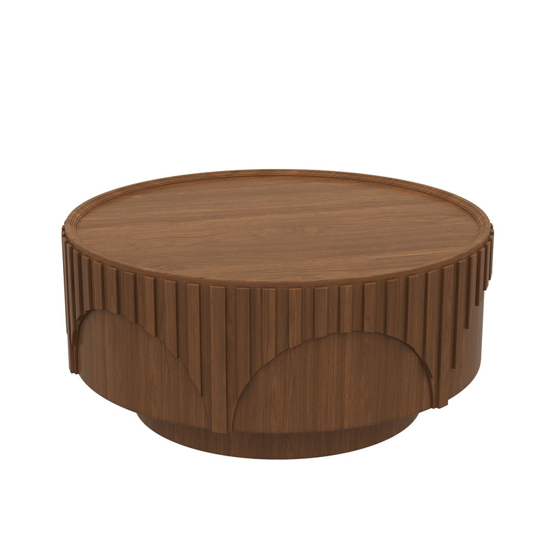 Round Fluted Drum Coffee Table With Sturdy Base For Living Room