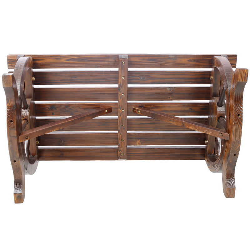 Rustic Wooden Bench With Wagon Wheel Legs For Garden And Patio - Brown