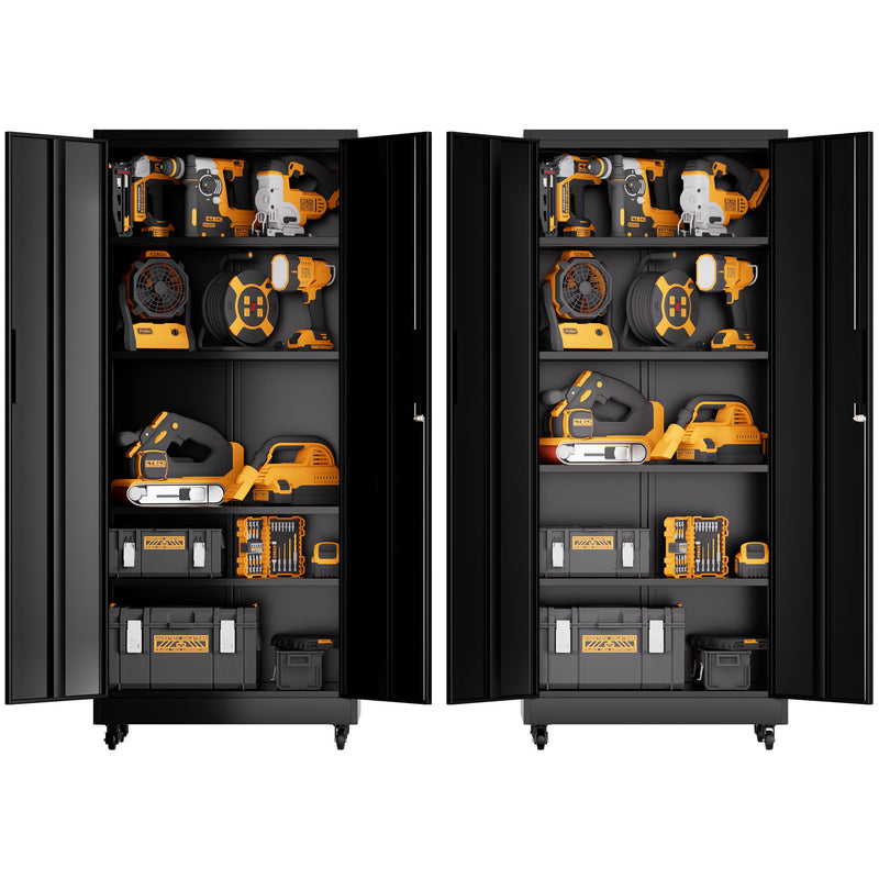 Storage Cabinet With Wheels And Lock, 4 Adjustable Shelves, 3 Point Locking Security, For Tool Organization In Garage - Black