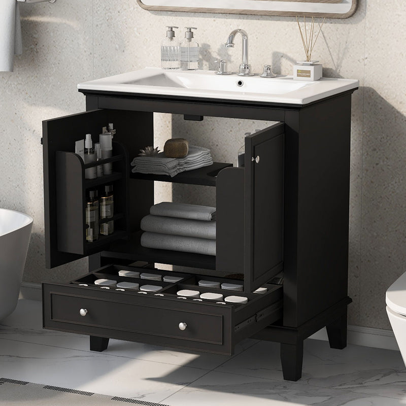 30" Bathroom Vanity With Sink Combo, Multi Functional Bathroom Cabinet With Doors And Drawer - Black
