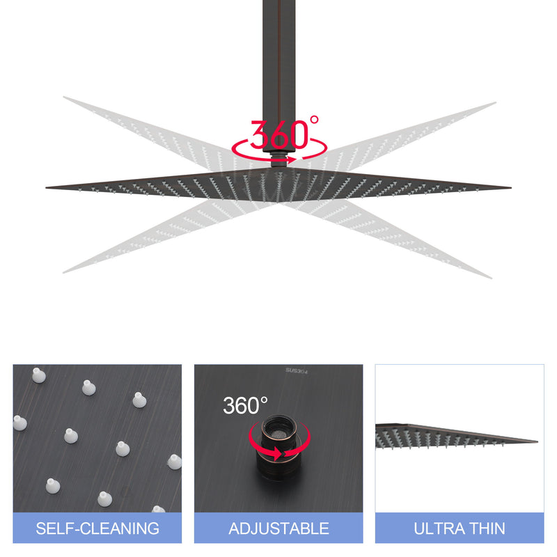 16" Square Rainfall Shower Head Fixed Wall Mount With Full Body Coverage & Self Cleaning Silicone Nozzles