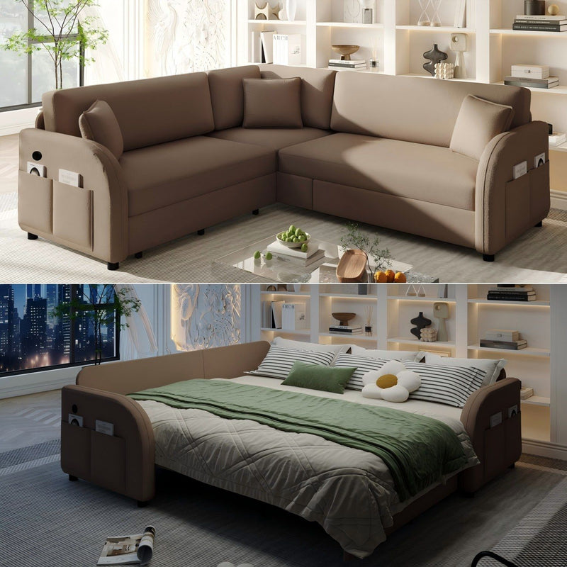 L-Shaped Couch With Pull-Out Bed, Oversize Convertible Sleeper Sofa With Side Pocket & USB Port