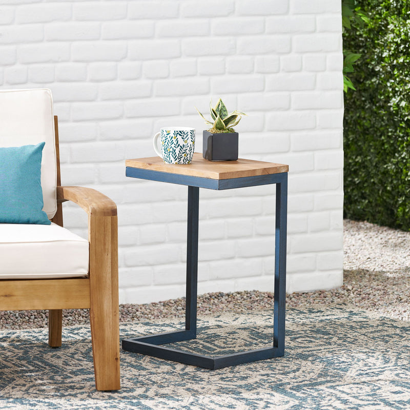 C Shaped End Table With Iron Base And Fir Wood To
