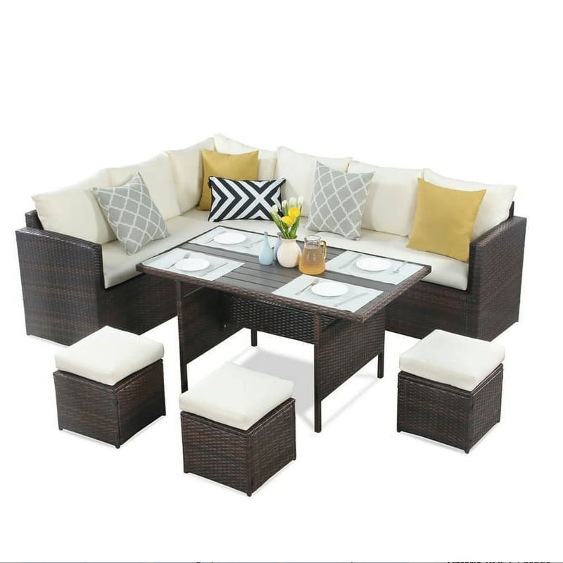 7 Piece Outdoor Dining Set With Cushions, Modular Sectional Sofa And Table