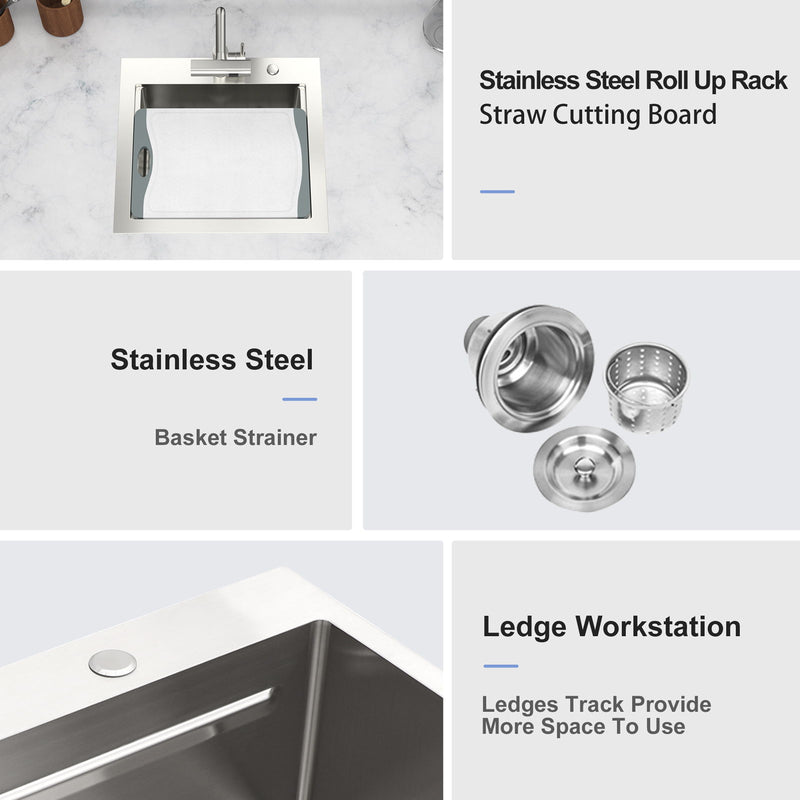 21" Drop In Kitchen Sink With Pull Out Faucet And Sink Cover, 16 Gauge - Brushed Nickel