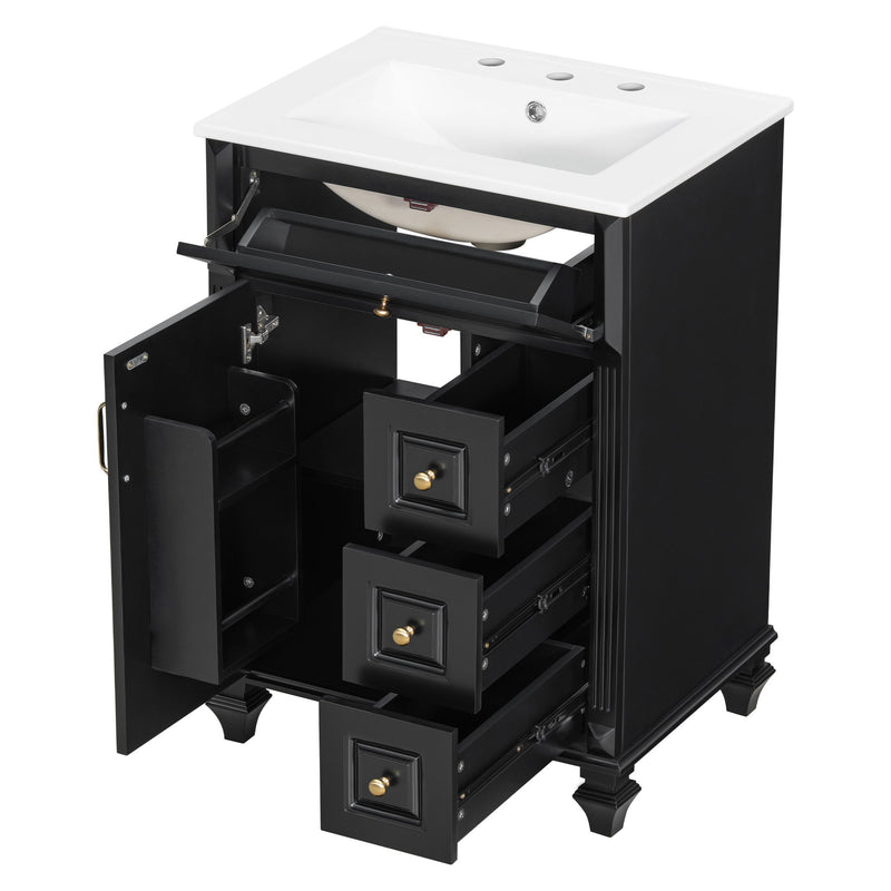 Freestanding Bathroom Vanity With Sink, 3 Drawers & Flip-Out Drawer