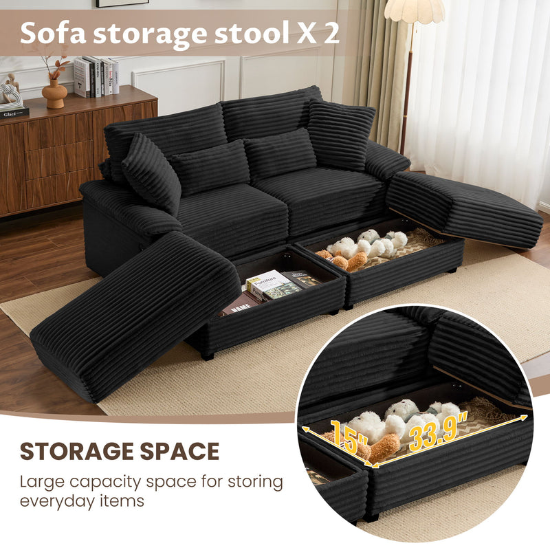 Double Chaise Lounge Set With Reversible Storage Ottomans, USB Port