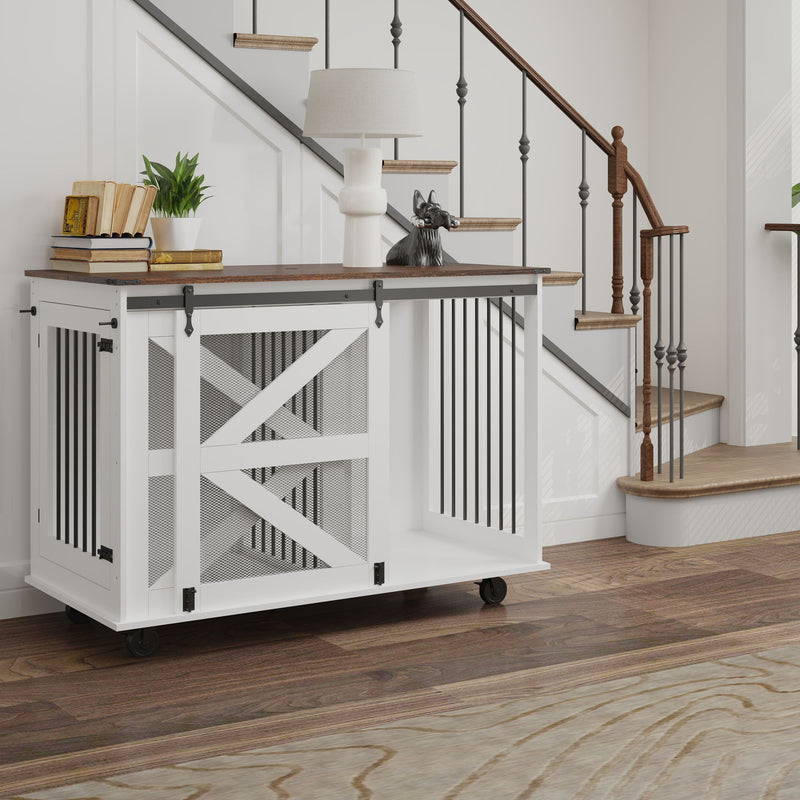 Mobile Dog Crate With Flip Top Feeding Door, Dual Access & 5 Caster System (2 Locking) - Brown White