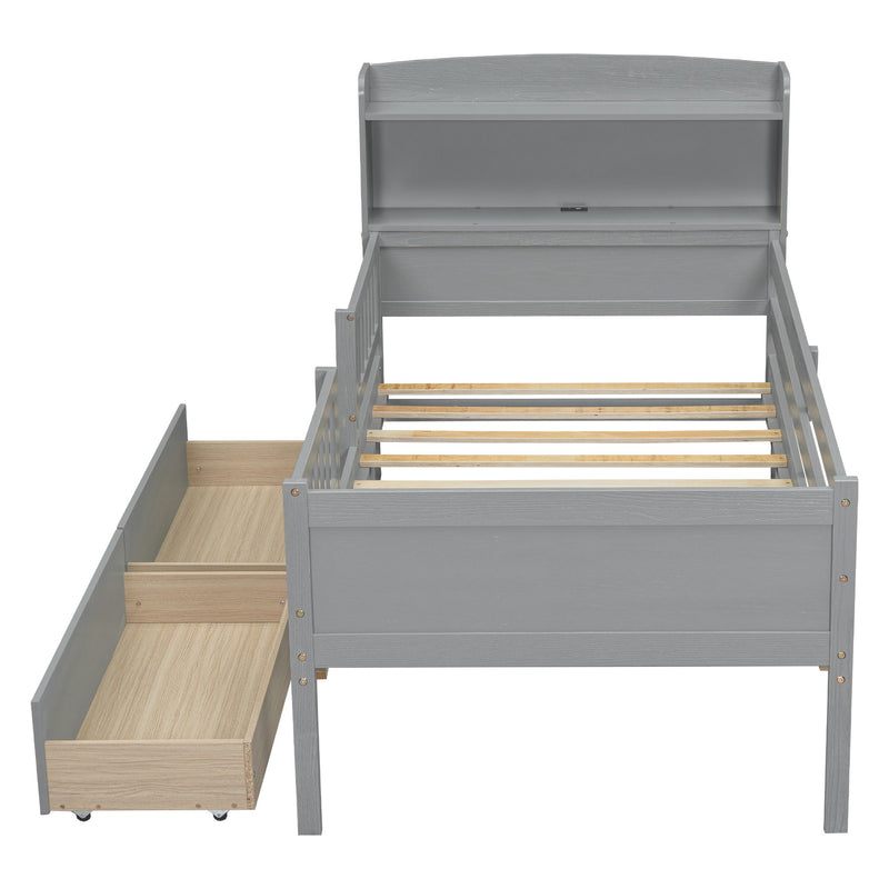 Platform Bed With LED Light, Multi Functional Headboard, Guardrail And 2 Drawers