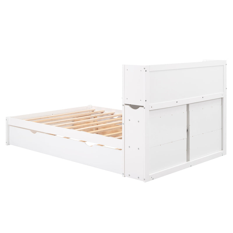 Storage Platform Bed With Pull Out Shelves, Trundle, And 2 Drawers