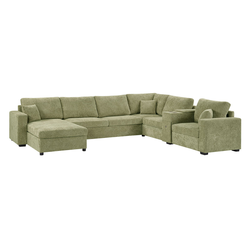 Modular 5 Seat U-Shape Sectional Sofa With Chaise Lounge, Built In Cup Holders And Storage Drawer