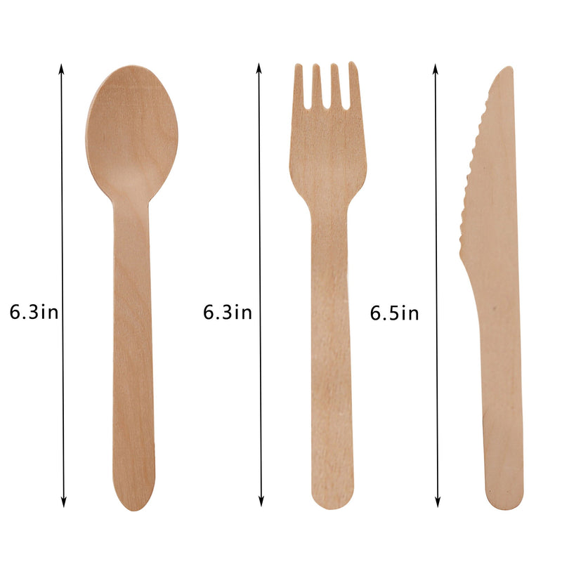 Wooden Compostable Utensils Set 300 Pieces 100 Forks 100 Spoons 100 Knives Sturdy Wood Disposable Cutlery Eco Friendly Biodegradable Utensils For Party Free From Plastic Cutlery Set For Eating - Natural Wood
