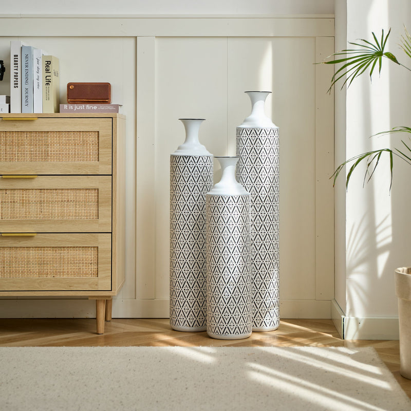 Modern Floor Vase Set Metal Vases With Geometric Pattern, 3 Piece Home Decor Set - White / Black