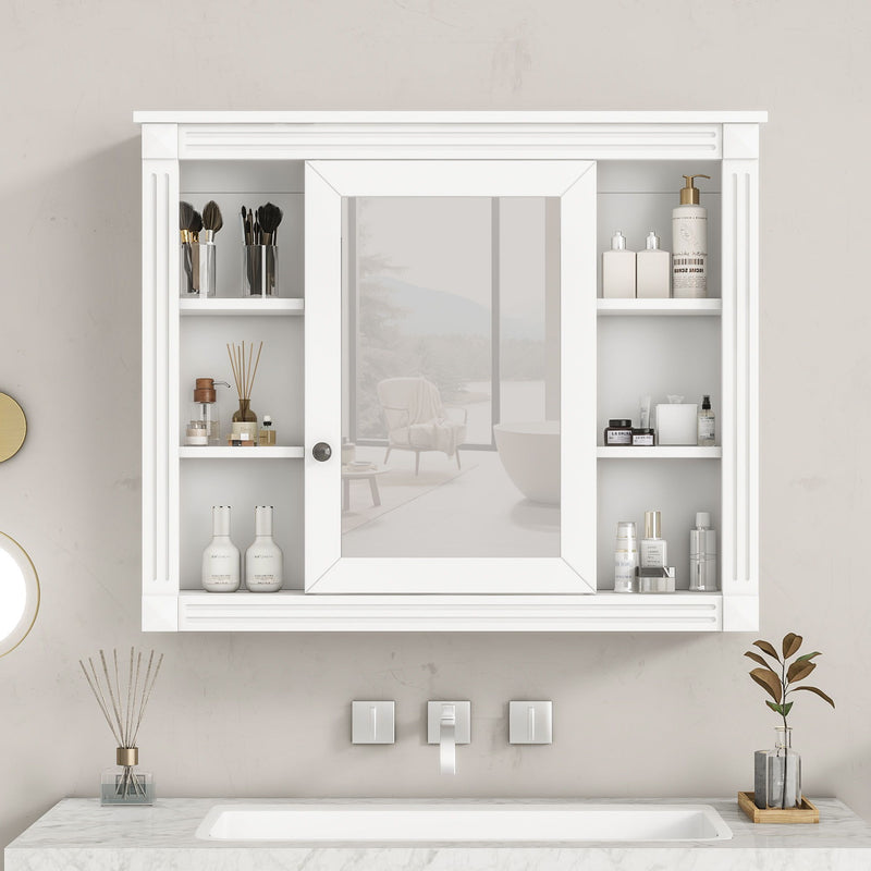 Wall Mounted Bathroom Storage Cabinet With Mirror, Cabinet With 6 Open Shelves And Adjustable Interior