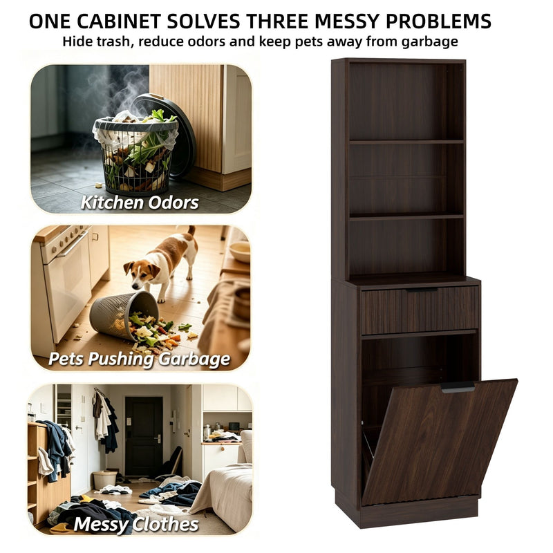 Tall Narrow Fluted Storage Cabinet With Trash Bin Compartment For Kitchen (Trash Can Not Included)