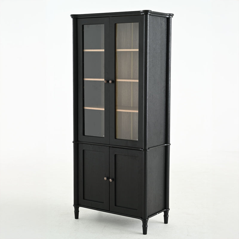 Vintage Display Cabinet With Double Glass Doors, Traditional Style For Collectibles, Ash Wood Veneer, 73.25" Tall - Black / Natural