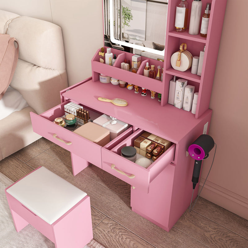Vanity Desk With LED Mirror Lights And Charging Outlet