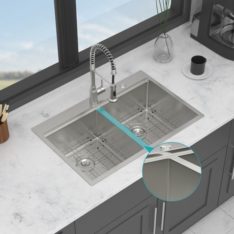 Topmount Drop In Kitchen Sink, Double Bowl 50 / 50 - Brushed Nickel