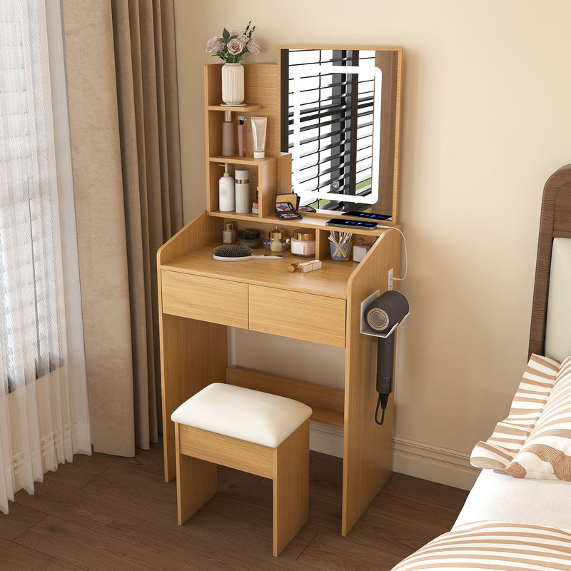 Vanity Table With LED Mirror, Power Outlet, Hairdryer Holder & Padded Stool, Compact Dressing Desk For Small Bedrooms - Wood