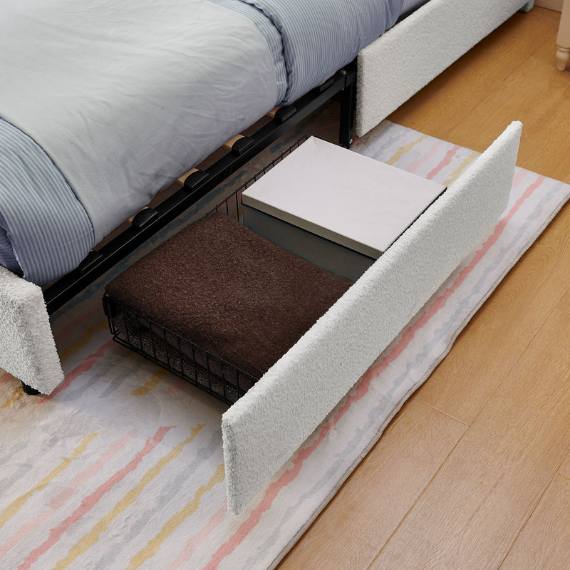 Upholstered Bed With Oversized Rabbit Ear Headboard, LED Lights & 4 Storage Drawers