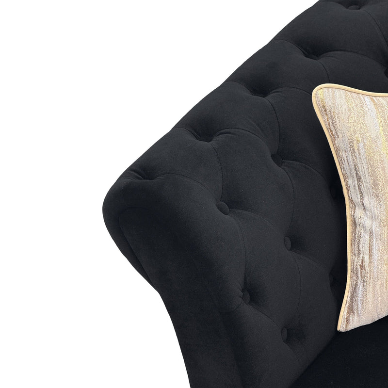 3 Seater Button Tufted Sofa With Rolled Arms, Living Room Couch With 2 Pillows - Black