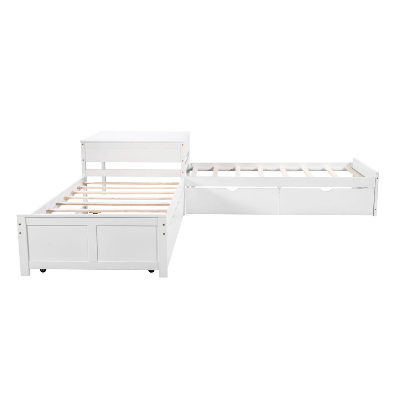 L Shaped Platform Bed With Trundle And Drawers Linked With Built In Desk