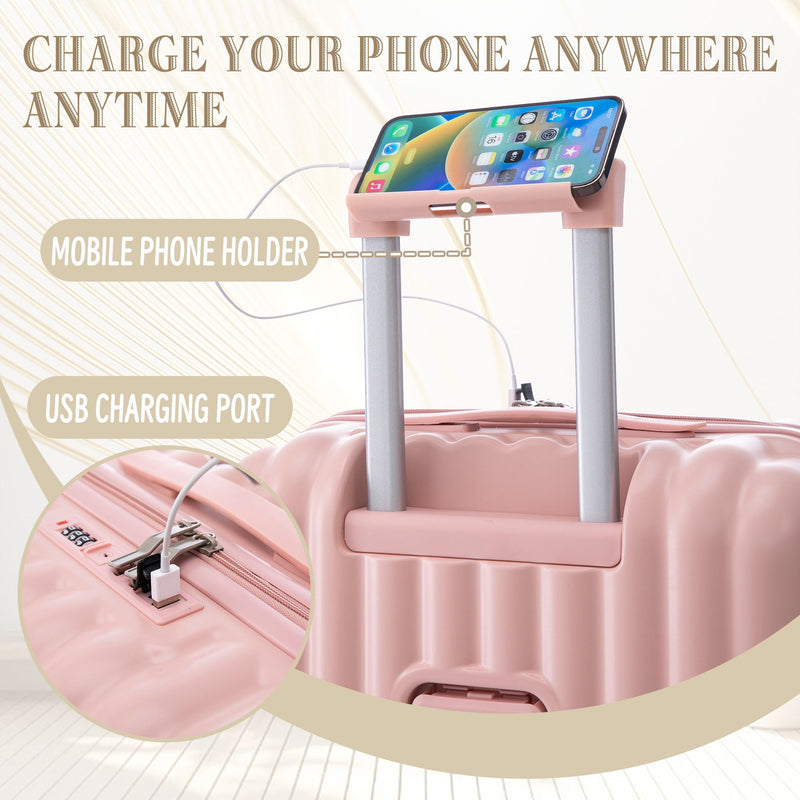 20" / 24" / 28" 3 Pieces / Set Spinner Wheel Luggage, Carry On Suitcase, With Cup Holder & USB Port & Phone Holder