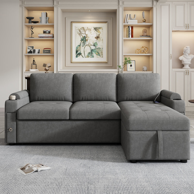Convertible L Shaped Sofa Couch With Storage, Cup Holders, USB Ports