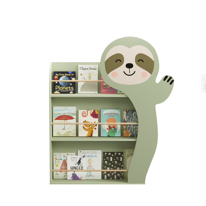 Sloth Bookshelf, Front Facing Toddler Book Display Rack With 3 Tiers, Cute Animal Design - Sage Green