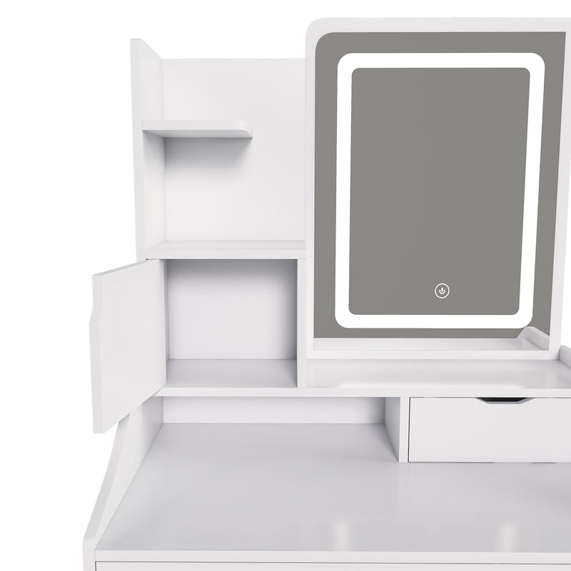 3 Color LED Vanity Mirror With Stool, 2 Drawers & 5 Storage Cabinets, Adjustable Lighting - White