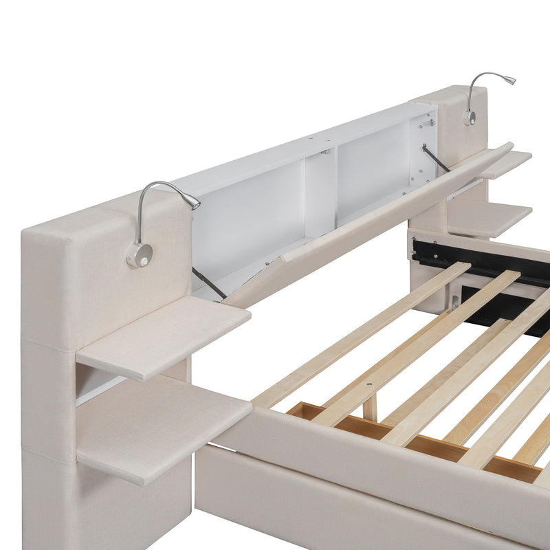Upholstered Platform Bed With Reading Lights, Drawers, Trundle And Shelves