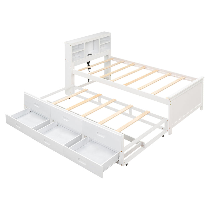 Platform Bed With Storage Headboard, USB, Trundle And 3 Drawers