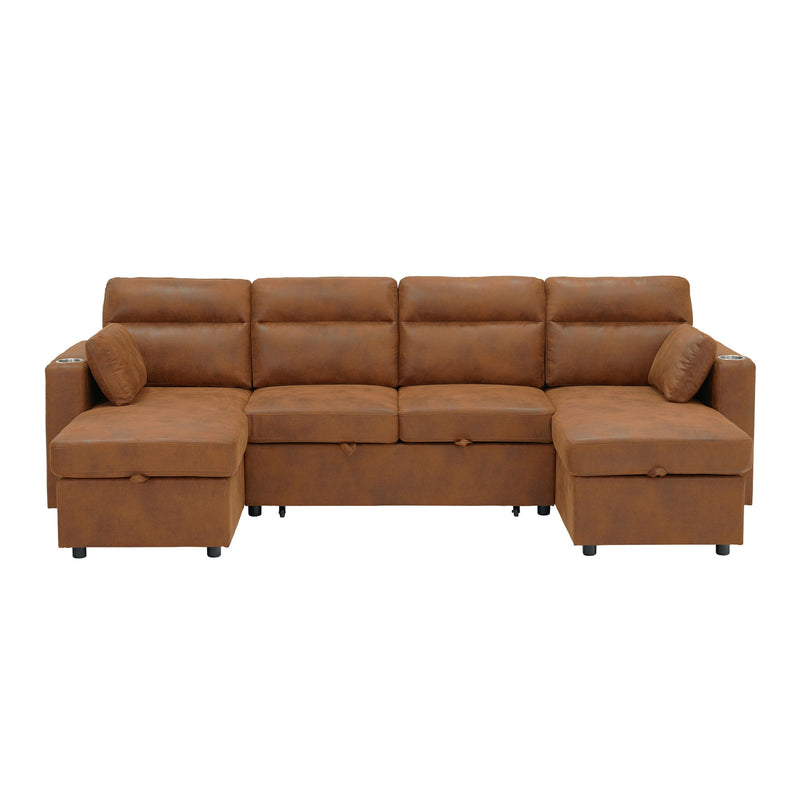 Convertible Sectional Sofa With Storage Chaise, Cup Holders And Pull Out Sleeper