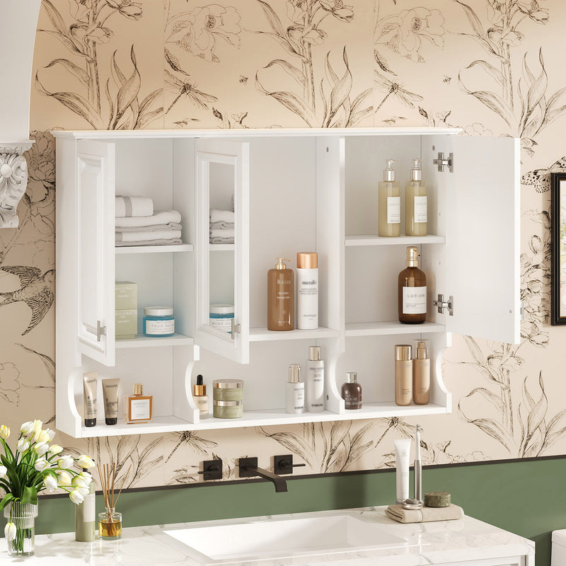 Modern Wall Mounted Mirror Medicine Cabinet With Open Shelves, Adjustable Interior, Storage Over Toilet