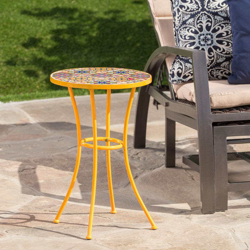 Outdoor Side Table With Tile Mosaic Table Top - Yellow