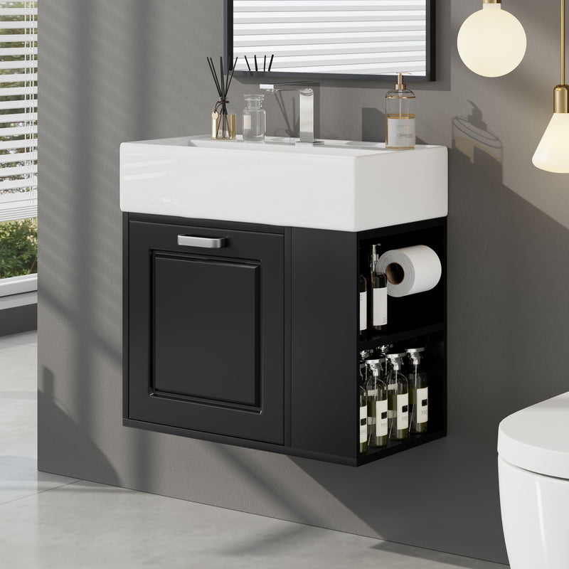 Modern Wall Mounted Bathroom Vanity With Sink, Soft Close Drawer, Adjustable Shelf, Toilet Paper Holder