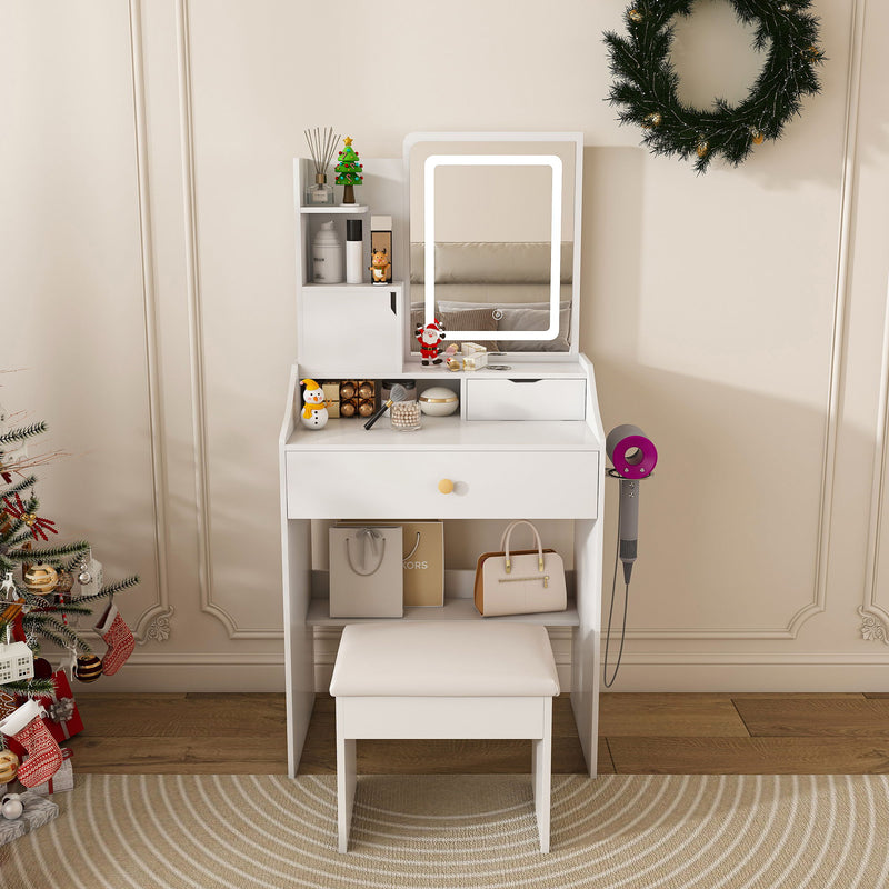 3 Color LED Vanity Mirror With Stool, 2 Drawers & 5 Storage Cabinets, Adjustable Lighting - White