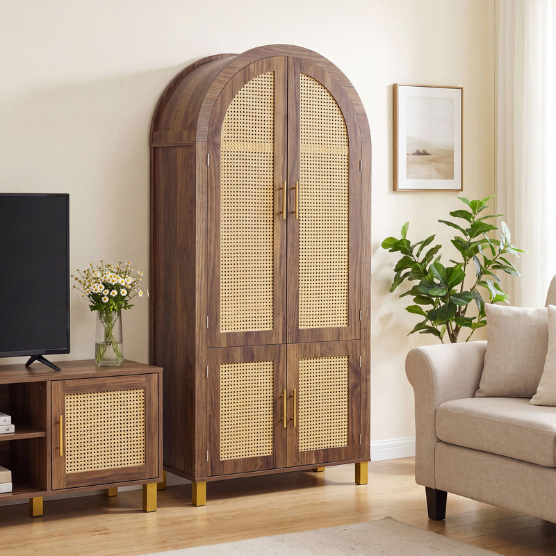 Tall Arched Cabinet With Rattan Doors & Adjustable Shelves