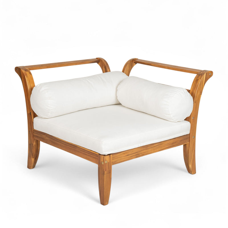 6 Piece Patio Sofa Set, Acacia Wood Outdoor Modular Sectional Garden Furniture Set L Shaped Conversation Set, Convertible Daybed With Tea Table, Ottoman, 5 Cushions And Pillows - Teak / Beige