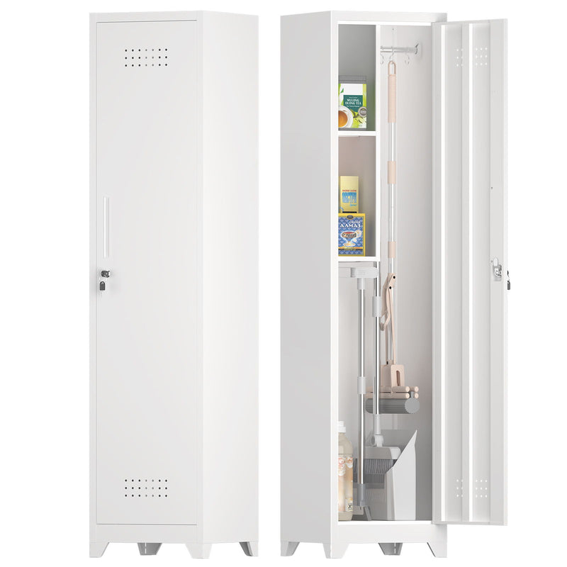 Broom Storage Cabinet Narrow Slim With Hooks And Shelves, Heavy-Duty