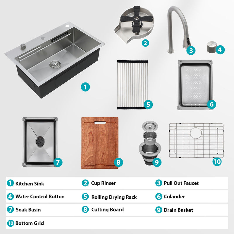 Drop In Waterfall Kitchen Sink With Pull Out Faucet & Cup Washer