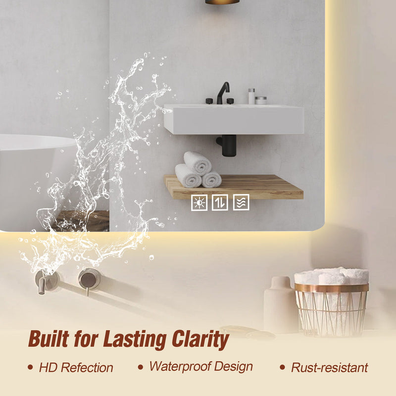 Wall Mounted LED Lighting Mirror With 3 Color Lighting, Dimming, Waterproof, Anti Fog, Touch Switch - Silver