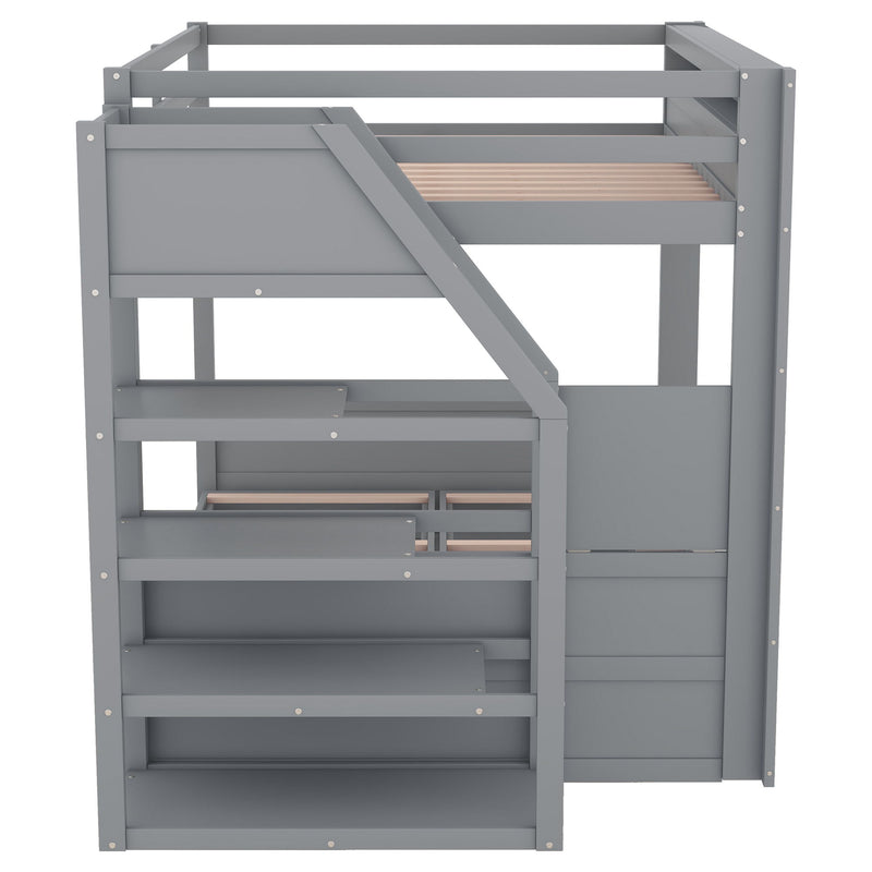 Wood Full Size Convertible Bunk Bed With Storage Staircase, Bedside Table, And 3 Drawers - Gray