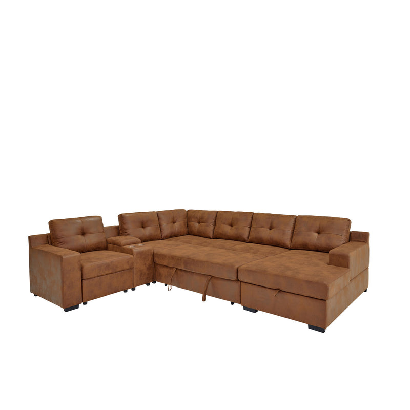 U - Shape Sectional Pull Out Bed With Console, Storage, And USB Charging