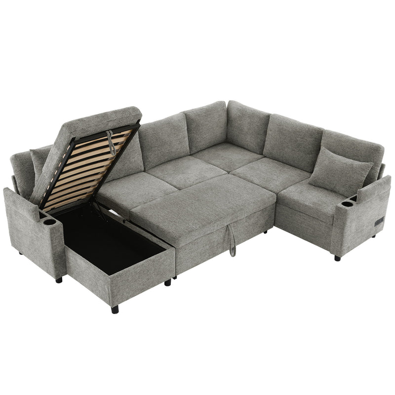 U-Shaped Sectional Sleeper Sofa With Ample Storage Space, 2 Cup Holders And Charging Ports For Living Room