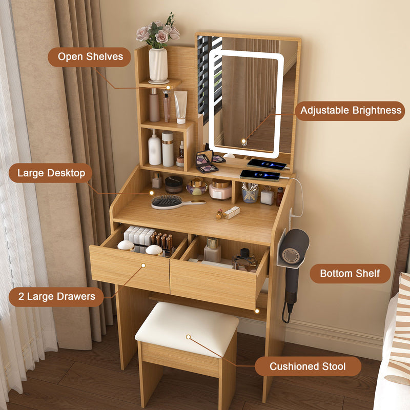 Vanity Table With LED Mirror, Power Outlet, Hairdryer Holder & Padded Stool, Compact Dressing Desk For Small Bedrooms - Wood