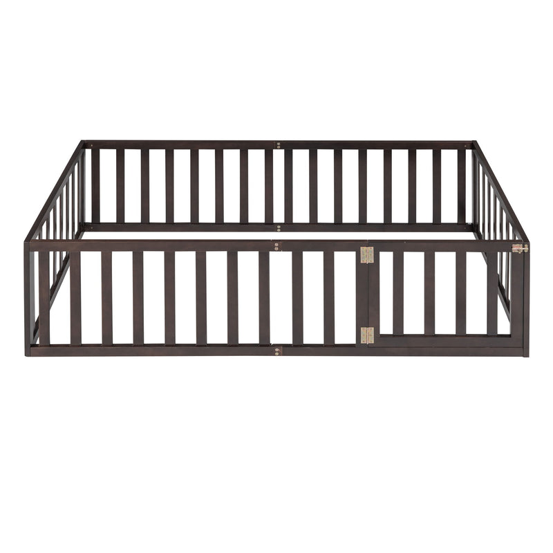 Twin Size Floor Bed Frame With Fence And Door - Walnut