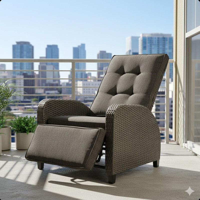 Adjustable Outdoor Lounge Chair, Plush Cushions & Extendable Footrest - Gray