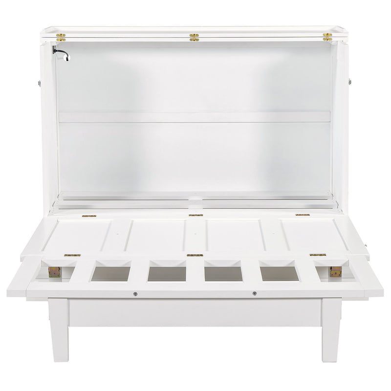 Full Solid Pine Murphy Bed Chest Cube Cabinet Bed With Charging Station And Large Storage Drawer For Home Office Or Small Room - White